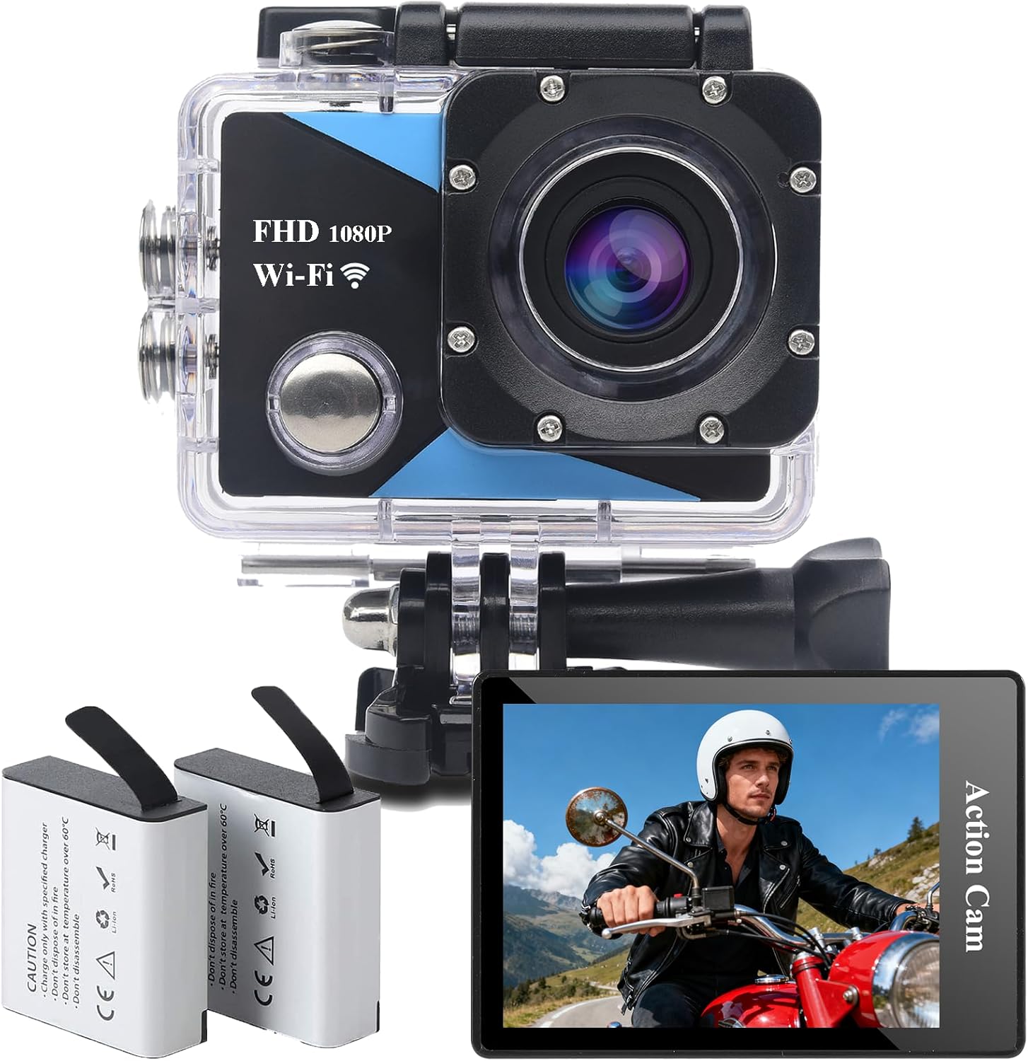 Sport Camera WiFi 1080P 12MP, Waterproof 30M, Anti-Shake EIS, 2 Batteries 1050mAh, Motorcycle Dashcam, Helmet Accessories, Cycling & Diving