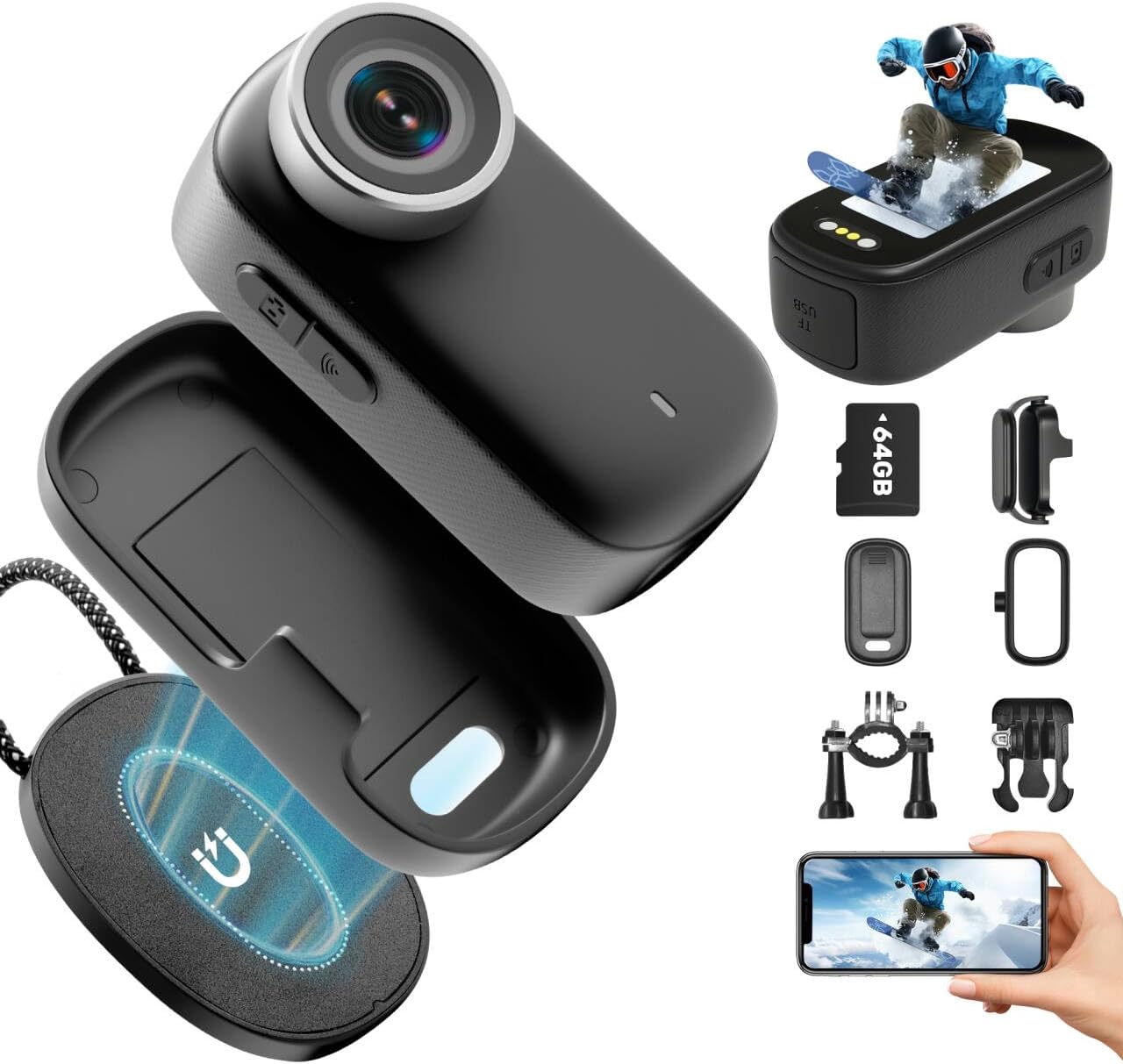 Cámara deportiva MEVRONISSHOP 4K WiFi, Mini Cámara de 64GB, Lente Gran Angular de 150°