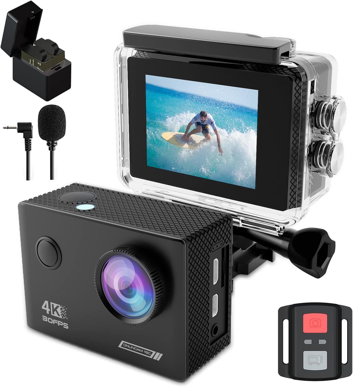 Caméra sportive MEVRONISSHOP 4K 30 images/s, 20 MP HD, étanche jusqu'à 40 mètres avec microphone, télécommande, stabilisation d'image électronique, 2 batteries, accessoires