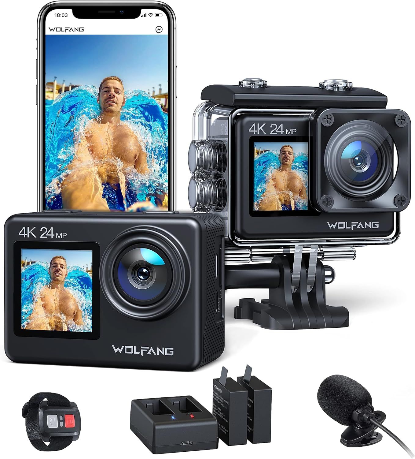 Caméra sportive WOLFANG GA200 4K 24MP à écrans doubles 30 FPS étanche grand angle écran tactile WiFi avec stabilisateur EIS (2 batteries, kit d'accessoires)