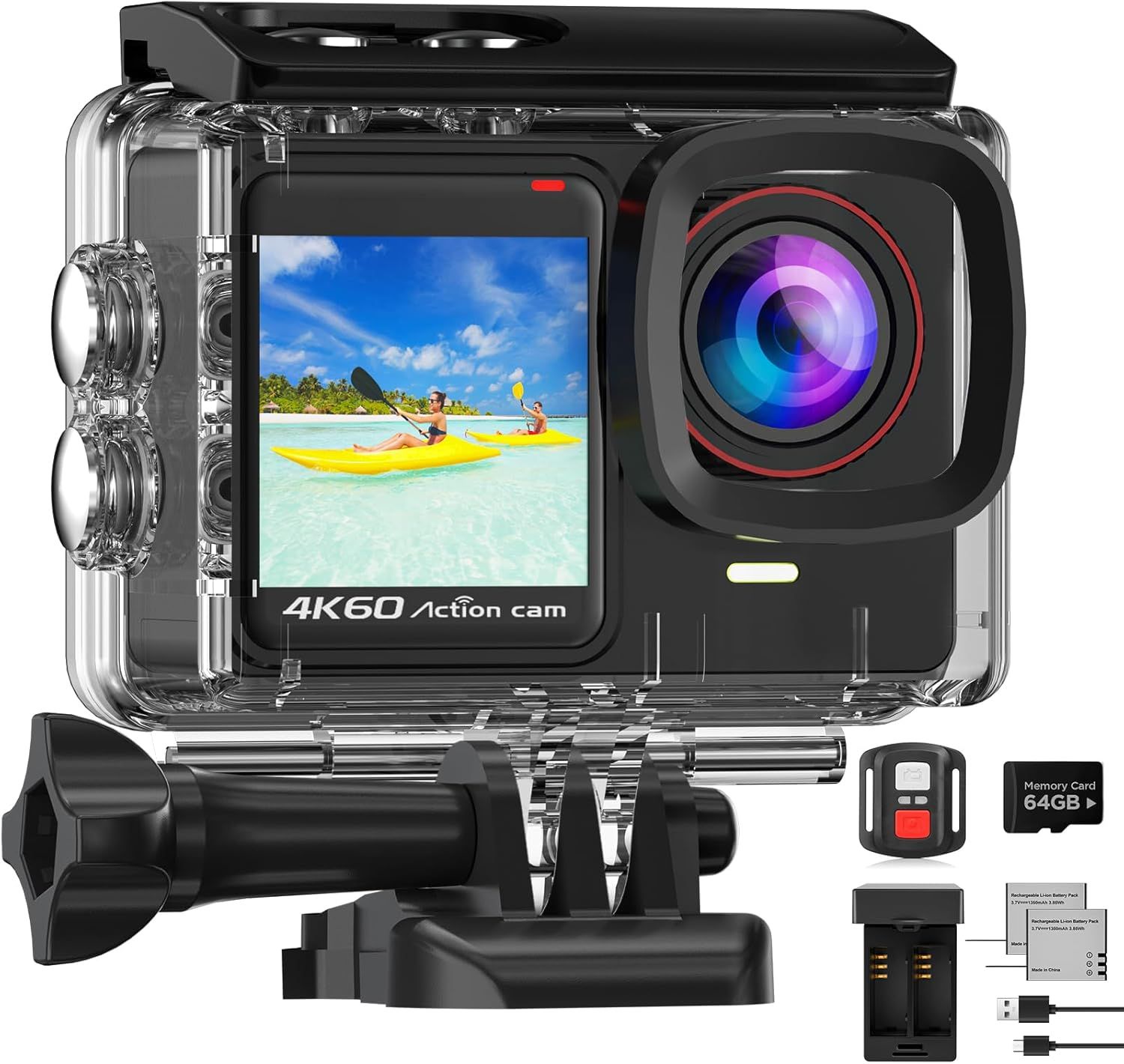 Cámara deportiva TIMNUT 4K con tarjeta microSD de 64 GB, zoom óptico 8x, resistente al agua hasta 131 pies, 24 MP, EIS, control remoto y batería
