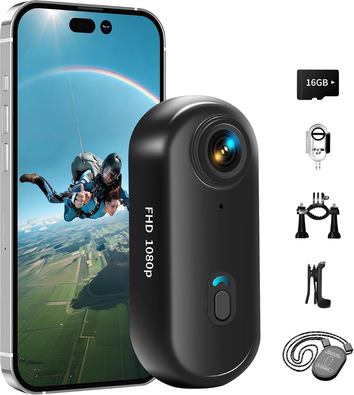 Cámara deportiva Mini Tiantianle, 1080p con WiFi y tarjeta de memoria de 16 GB, resistente al agua hasta 30 m, 360° para casco o cámara corporal