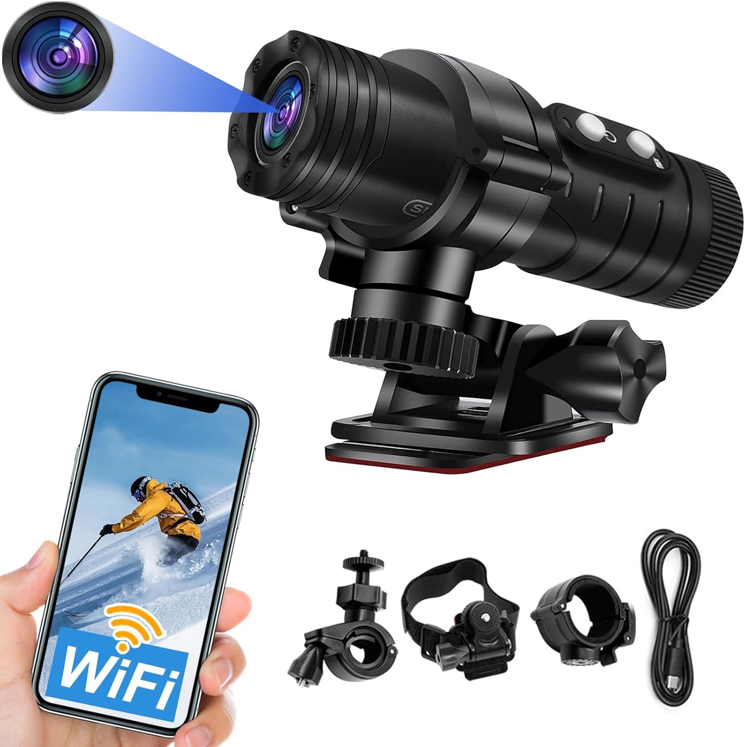 MEVRONISSHOP Sports Camera, 1080P WiFi Moto Camera with 120° Wide Angle, Automatic Leveling Sport or Bike Camera with Long-Lasting Battery
