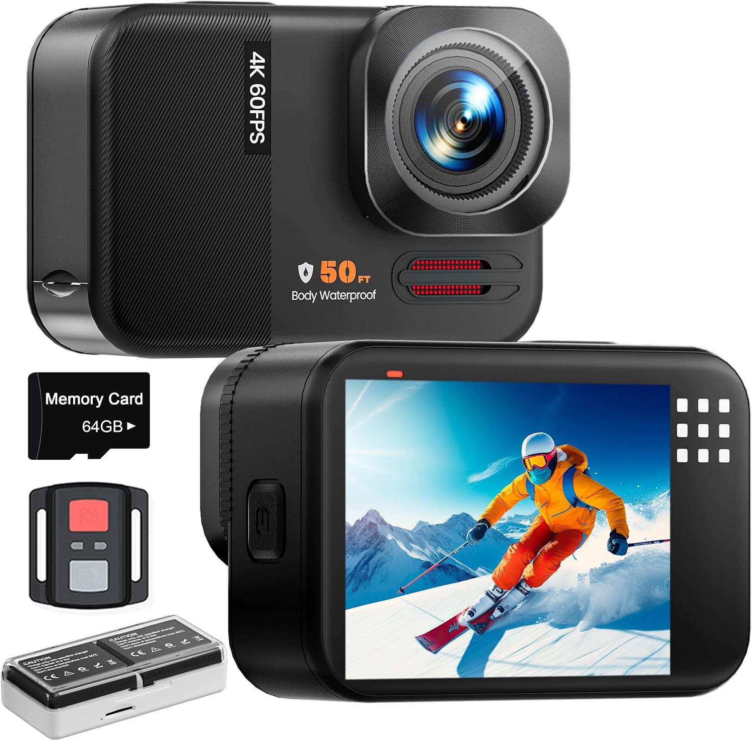 Caméra d'action MEVRONISSHOP 4K 60fps 48MP, étanche jusqu'à 50FT, zoom 8X, grand angle de 170°, stabilisation EIS, carte mémoire 64Go, WiFi, 2 batteries 1350mAh