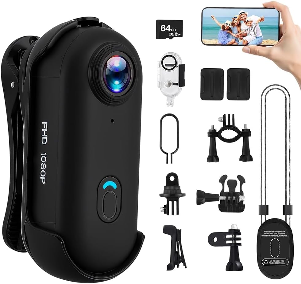 Cámara de acción 4K impermeable y compacta de 64 GB, cámara corporal mini para ciclismo, dash cam Wi-Fi con soporte magnético y clip de 360° para surf