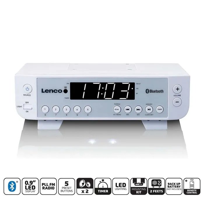Lenco Bluetooth LED Lighting Kitchen Radio - White 0.9' Screen FM Radio