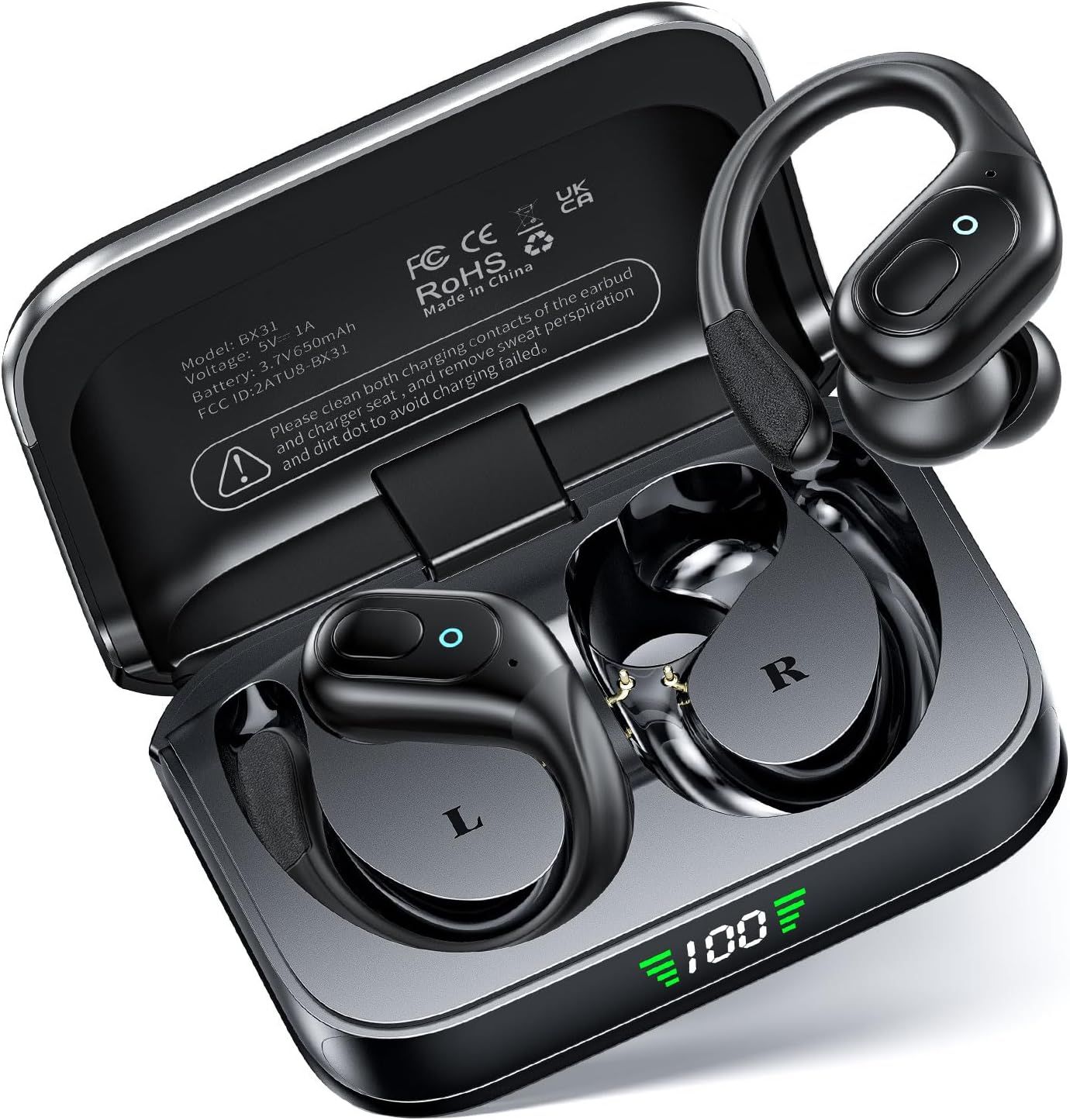 Écouteurs sans fil KALANKA Bluetooth, écouteurs intra-auriculaires Bluetooth 5.3, 60 heures de lecture stéréo avec micro, charge rapide et imperméable IPX7, avec affichage LED