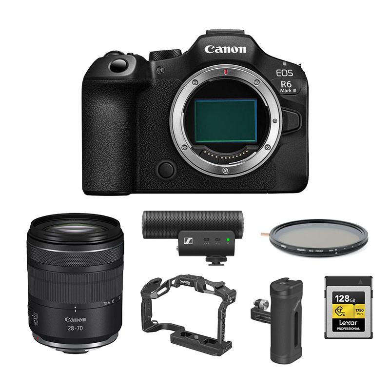 Canon EOS R6 Mark III Video Kit (RF 28-70mm Lens + Cage + Smallrig Grip + Micro MKE Mic + 128GB Card + NDX Filter) 3-Year Warranty