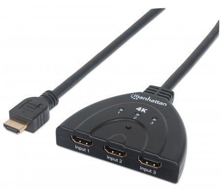 Manhattan 3-Port HDMI Switch, 4K@60Hz, Manual Switching, Integrated Cable, Black