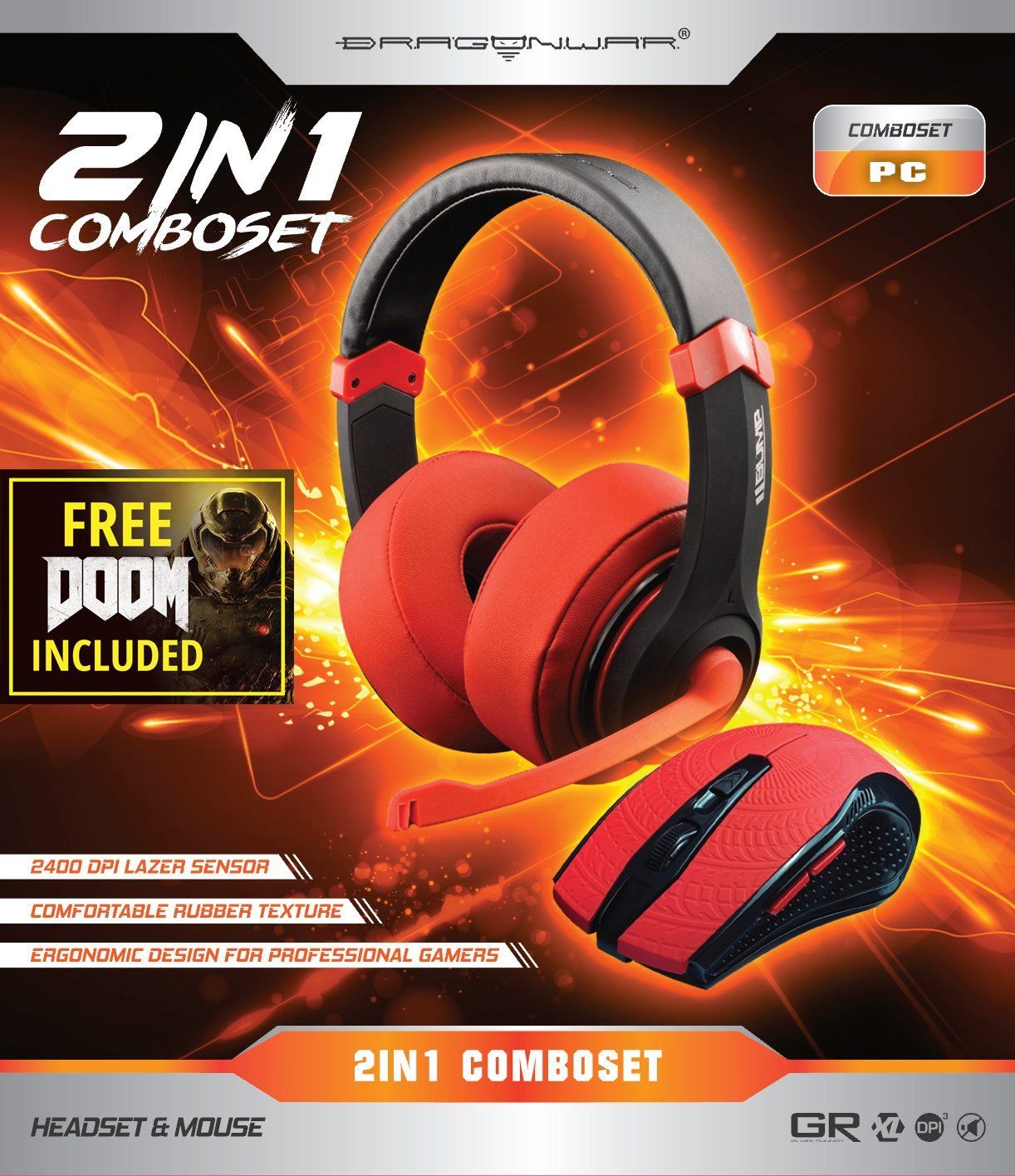 Kit de juego DragonWar 2 en 1 (Ratón cableado rojo + Auriculares estéreo cableados)
