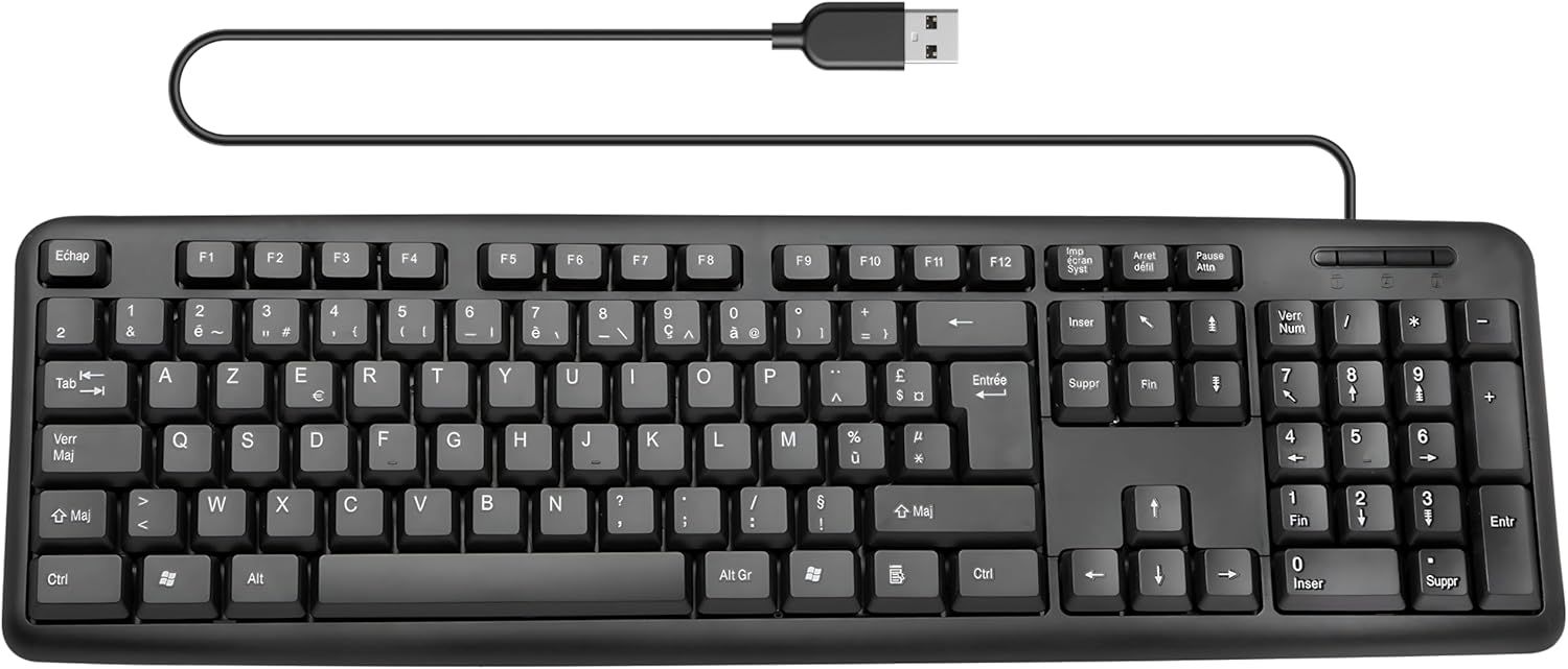 USB Wired Keyboard - Ergonomic Computer Keyboard - 105 Keys - With Numeric Pad - Azerty - PC Keyboard - Black