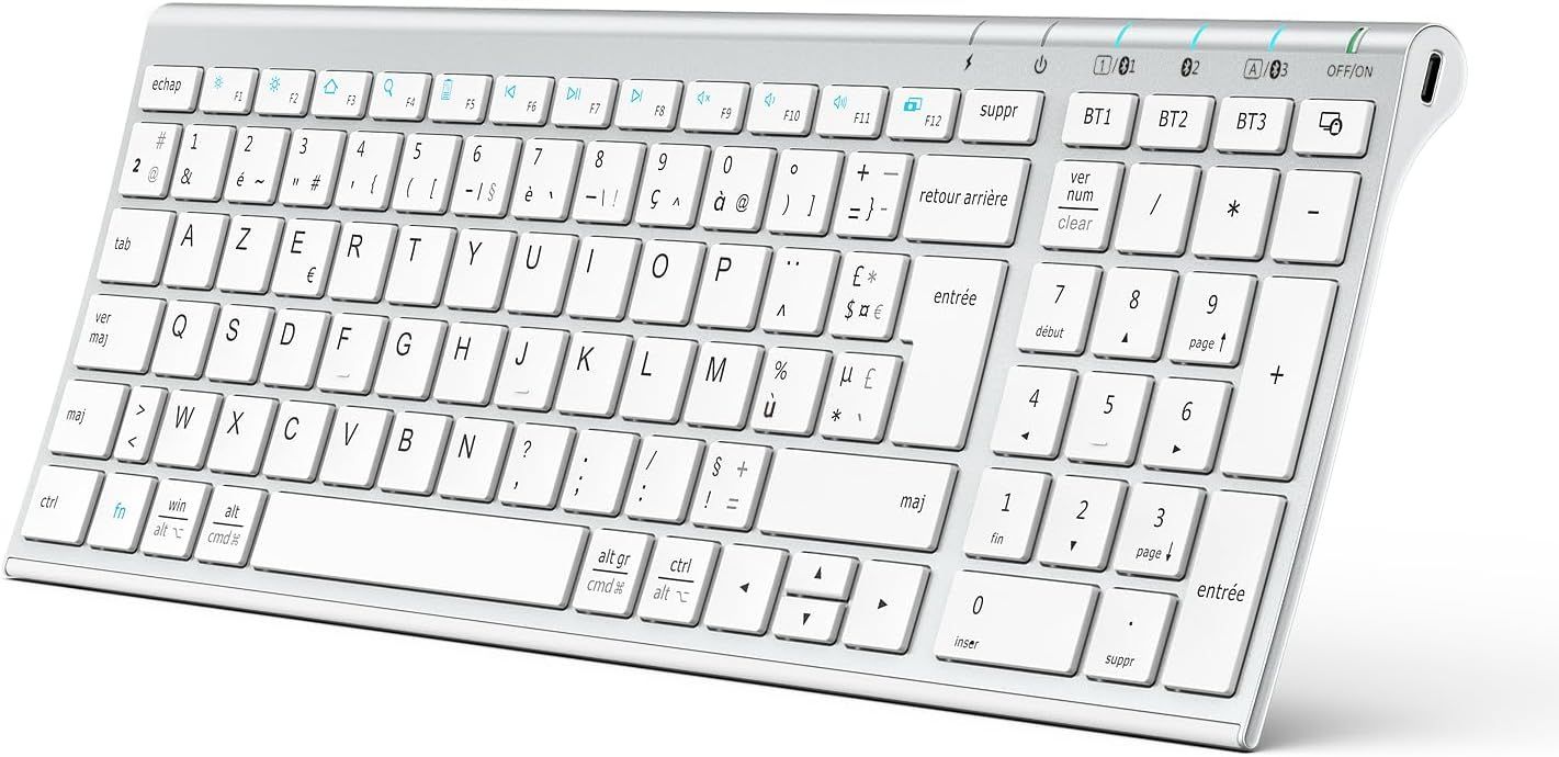 Bluetooth Keyboard, Wireless Rechargeable Keyboard with Multi-Device Connectivity (AZERTY for Mac iPad Air Pro Tablets PCs iPhone iOS Android Windows Ultra-Thin)