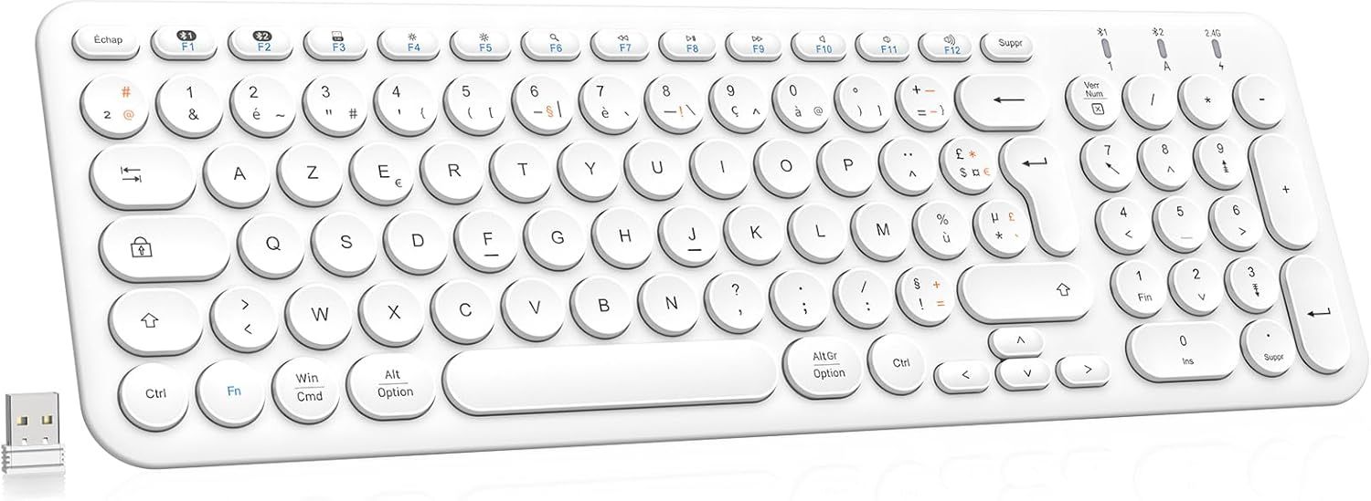 Wireless Bluetooth Keyboard, Rechargeable Multi-Device AZERTY Keyboard with 3 BT5.1 Channels + USB 2.4G, Number Pad for Win11/10/9, MacOS, iOS, Android, PC - White