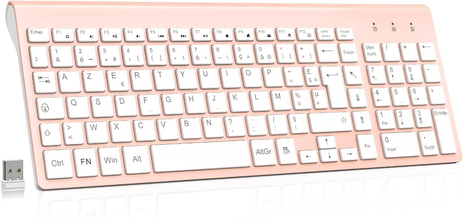 Wireless French AZERTY Keyboard with Nano USB 2.4GHz Receiver, Ergonomic and Compatible with Windows/MacOS