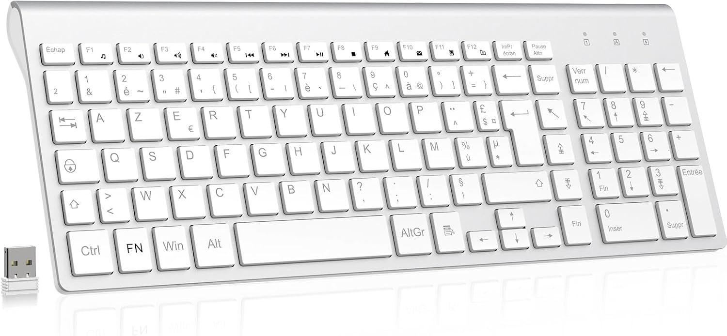Wireless French AZERTY Keyboard with USB Nano Receiver, 2.4GHz, Ergonomic, Compatible with Windows/MacOS, Silver