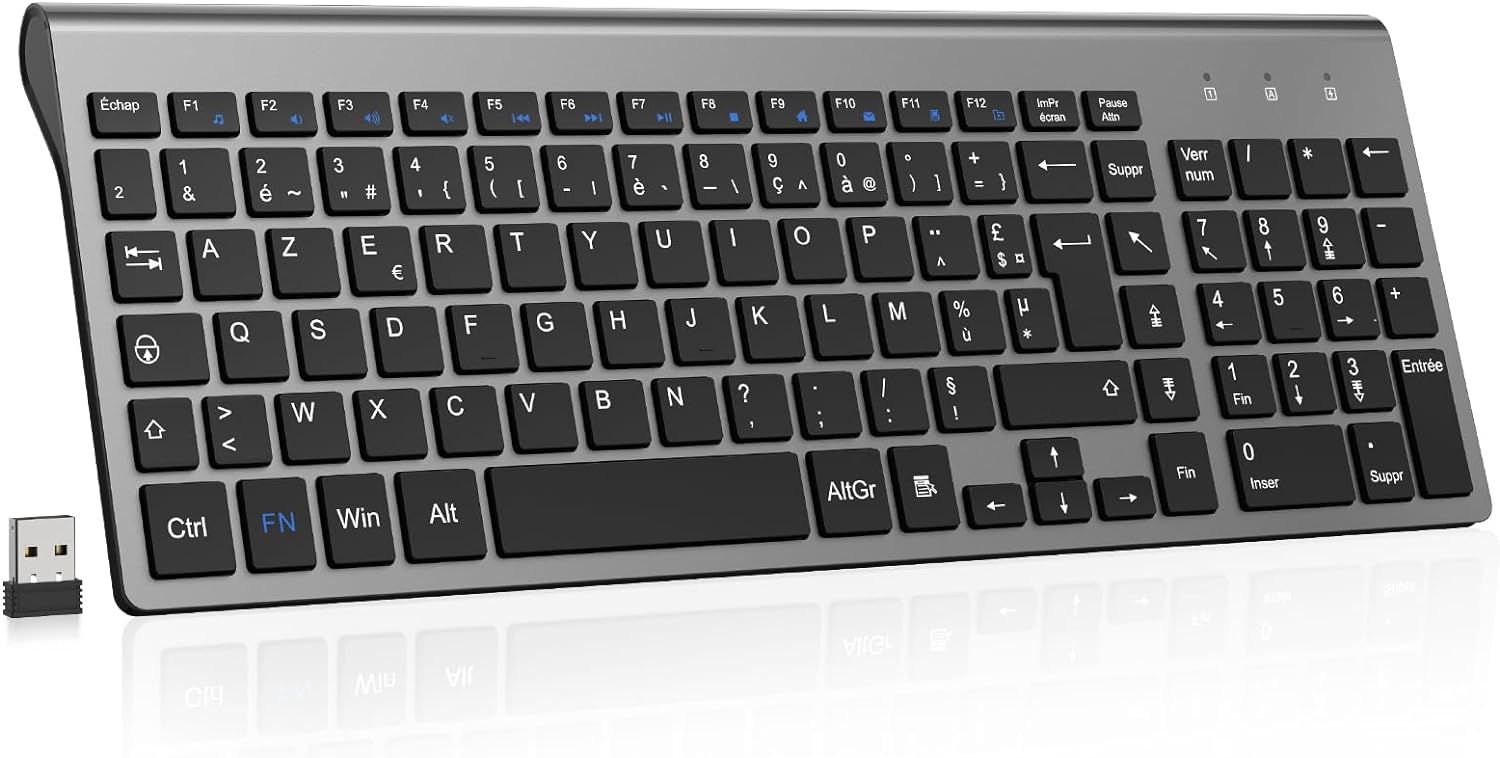 Wireless French AZERTY Keyboard with Nano USB 2.4GHz Receiver, Ergonomic and Compatible with Windows/MacOS, Grey
