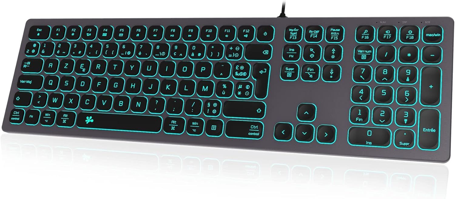 Slim Wired Retro Backlit Keyboard with Aluminum Case, Numeric Pad and RGB Lighting - USB Connection for Apple iMac, Macbook, Mac and PC - AZERTY Layout - Gray