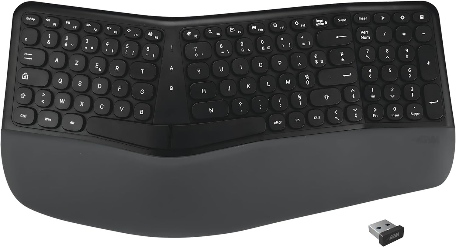 Wireless Ergonomic Keyboard, 2.4GHz Receiver, Integrated Wrist Rest, French AZERTY Layout, Split Design, Compatible with PC Mac Laptop, 100043