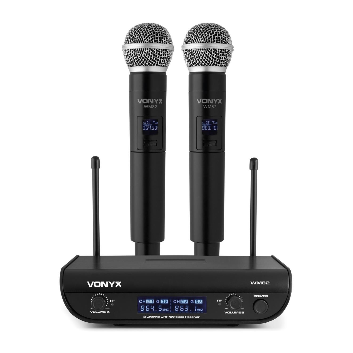 Vonyx WM82 2-Channel Digital UHF Wireless Microphone System, 2 Portable Micros, 50m Range, Black
