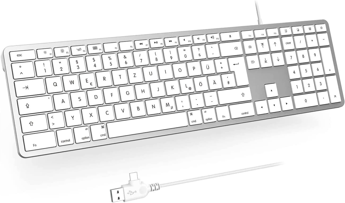 Mac Wired Keyboard with Cable and Type C/USB Port, QWERTZ, German Layout for Mac OS/iOS, Silver and White