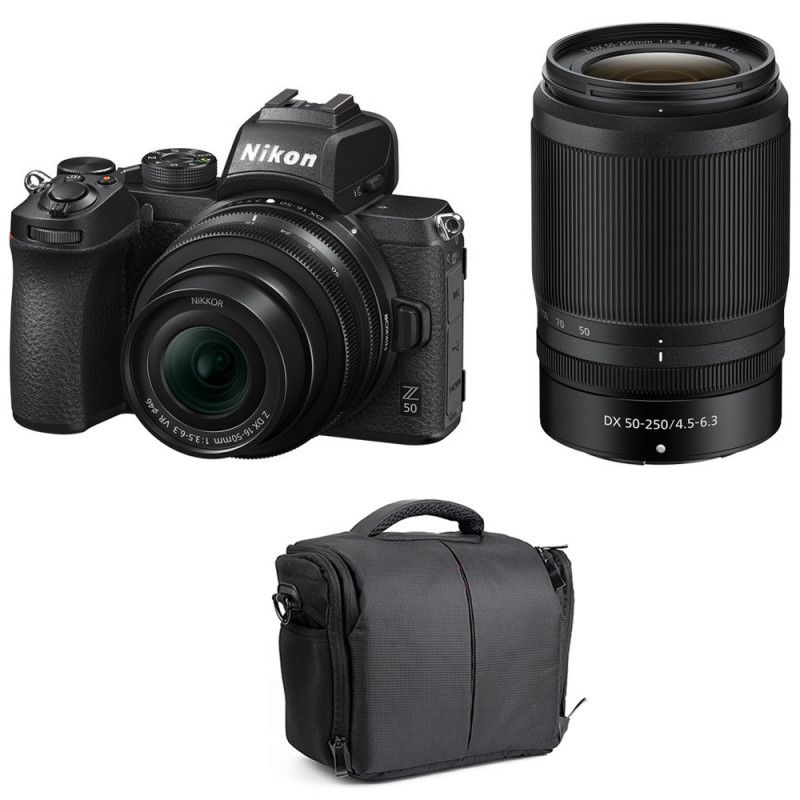 Nikon Z50 Mirrorless Camera Kit with 16-50mm and 50-250mm Lenses + 2-Year Warranty Bag