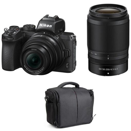 Nikon Z50 Mirrorless Camera Kit with 16-50mm and 50-250mm Lenses + 2-Year Warranty Bag