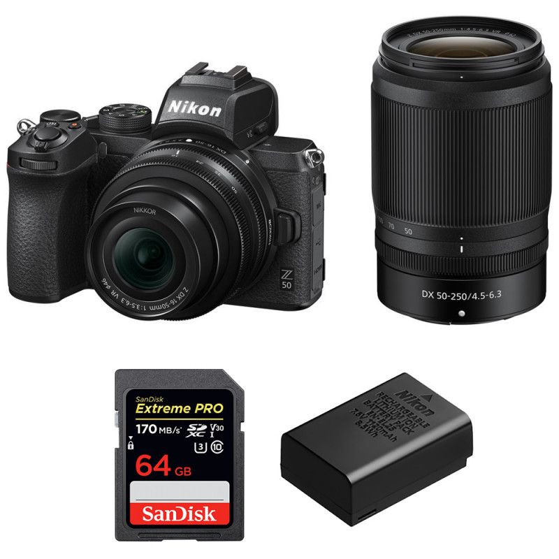 Nikon Z50 Mirrorless Camera Kit with 16-50mm and 50-250mm Lenses + SanDisk 64GB Extreme Pro SD Card + Nikon EN-EL25 Battery (2-Year Warranty)