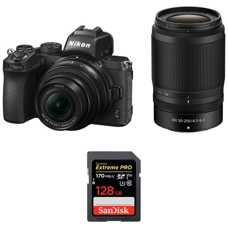 Cámara híbrida Nikon Z50 + lentes 16-50mm y 50-250mm + tarjeta SD SanDisk 128GB Extreme Pro (UHS-I, 170 MB/s) Garantía de 2 años