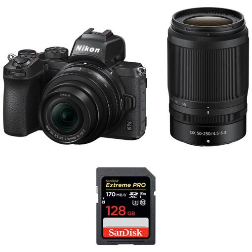 Appareil photo hybride Nikon Z50 + objectifs 16-50mm et 50-250mm + carte SD SanDisk 128 Go Extreme Pro (UHS-I, 170 Mo/s) Garantie 2 ans