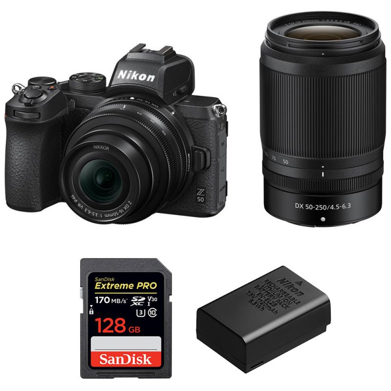 Kit Nikon Z50 con lentes 16-50mm y 50-250mm + tarjeta SDXC SanDisk de 256 GB Extreme Pro UHS-I 170 MB/s + batería Nikon EN-EL25 (garantía de 2 años)