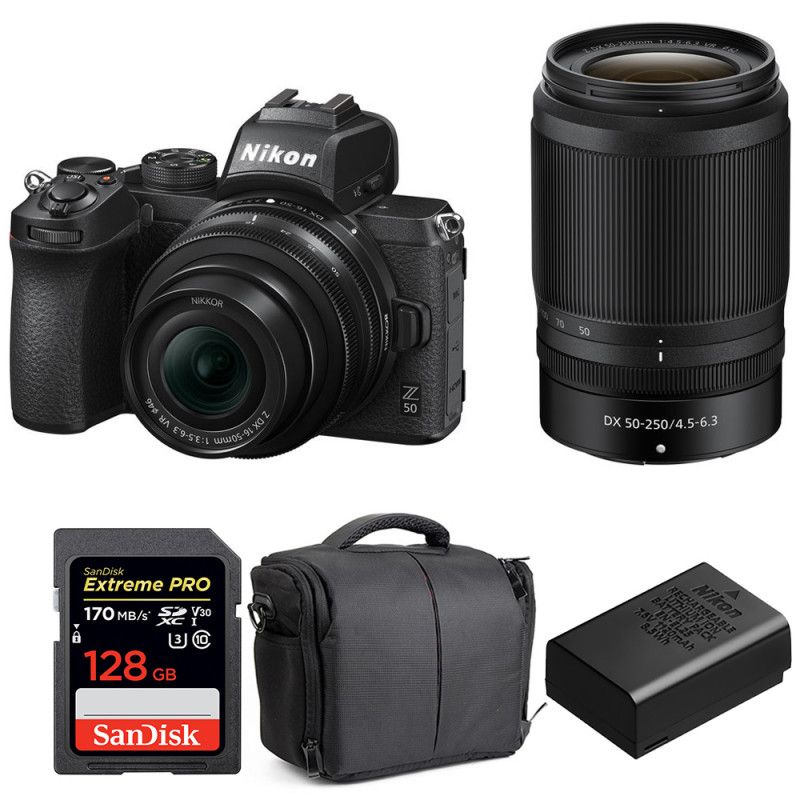 Kit de cámara híbrida Nikon Z50 con lentes de 16-50 mm y 50-250 mm + tarjeta SD de 128 GB SanDisk Extreme Pro + batería Nikon EN-EL25 + bolsa de garantía de 2 años