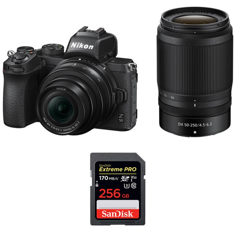 Cámara sin espejo Nikon Z50 + lentes 16-50mm y 50-250mm + tarjeta SD 256GB SanDisk Extreme Pro (garantía de 2 años)