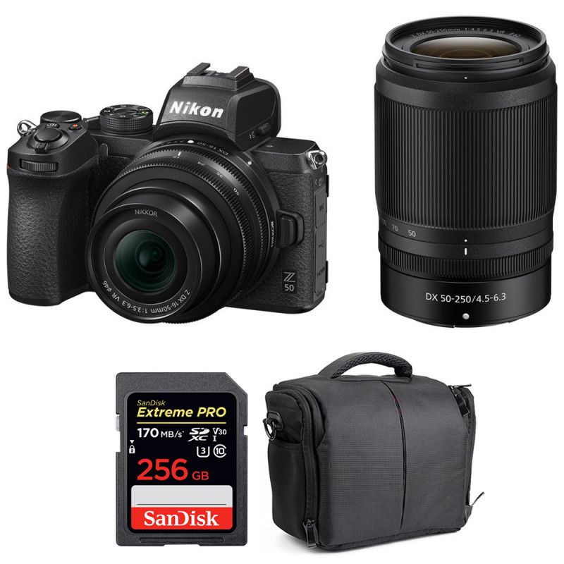 Cámara híbrida Nikon Z50 + lentes 16-50mm y 50-250mm + tarjeta SDXC 256GB SanDisk Extreme Pro + bolsa de garantía de 2 años