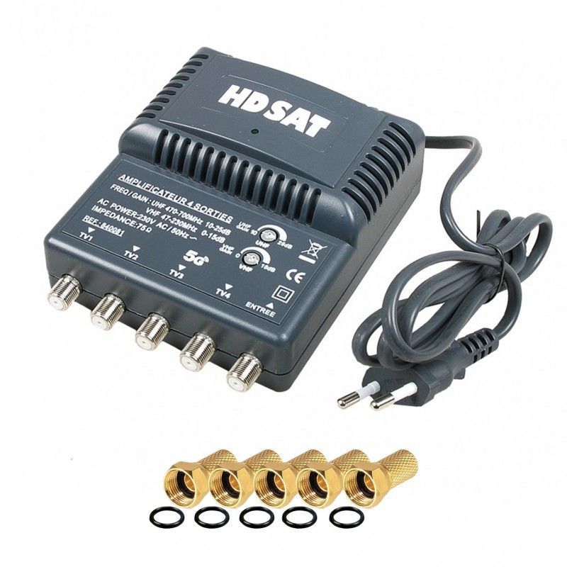 Hdsat 4-Way Signal Amplifier with 25dB Gain and 5 F Connectors