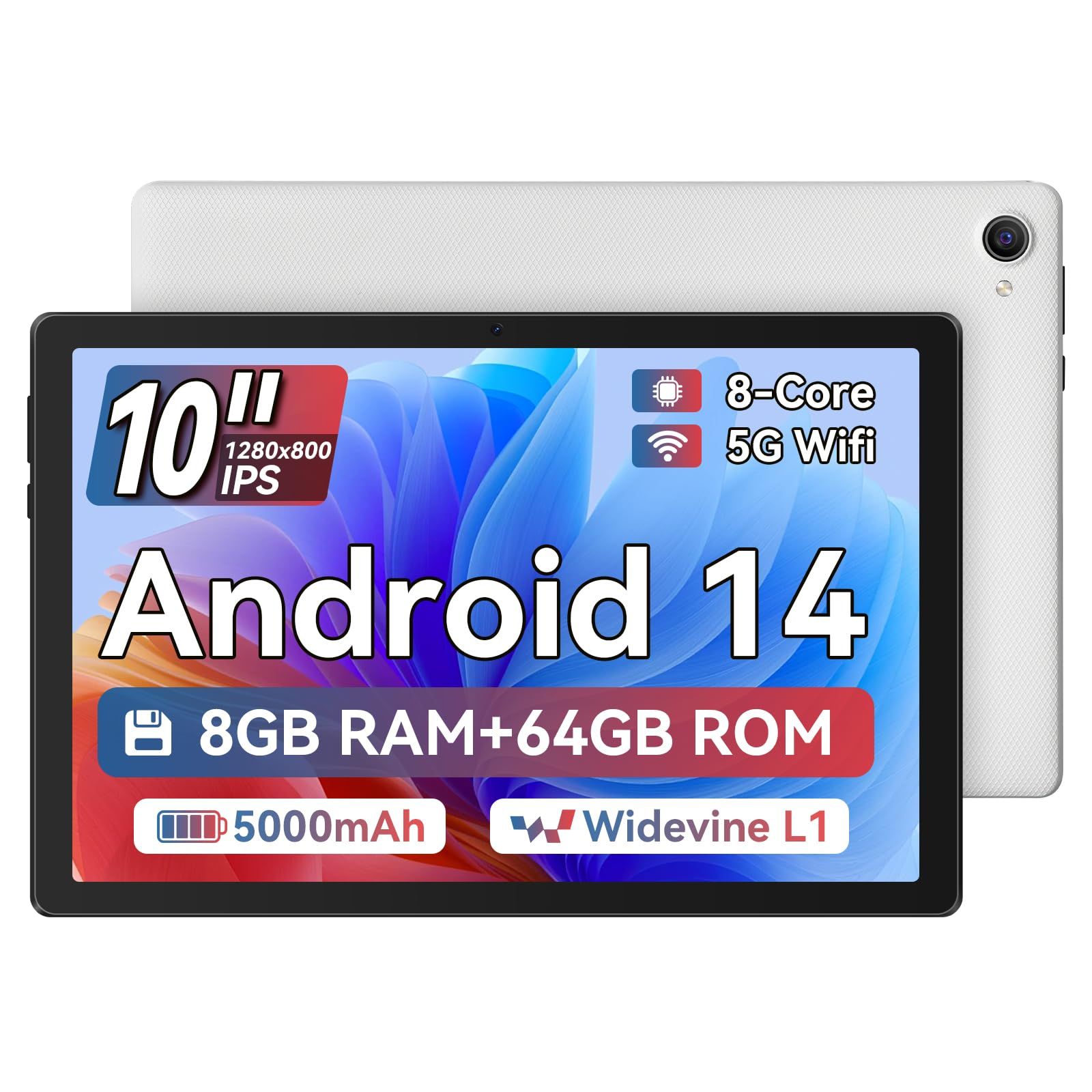 AEEZO 10-Inch Tablet, Android 14 Octa Core, 8GB RAM 64GB ROM 1TB TF, 5G + 2.4G WiFi 6, Bluetooth 5.0, 1280x800 IPS, 5000mAh, 8+5MP Dual Camera, Widevin L1 (White)