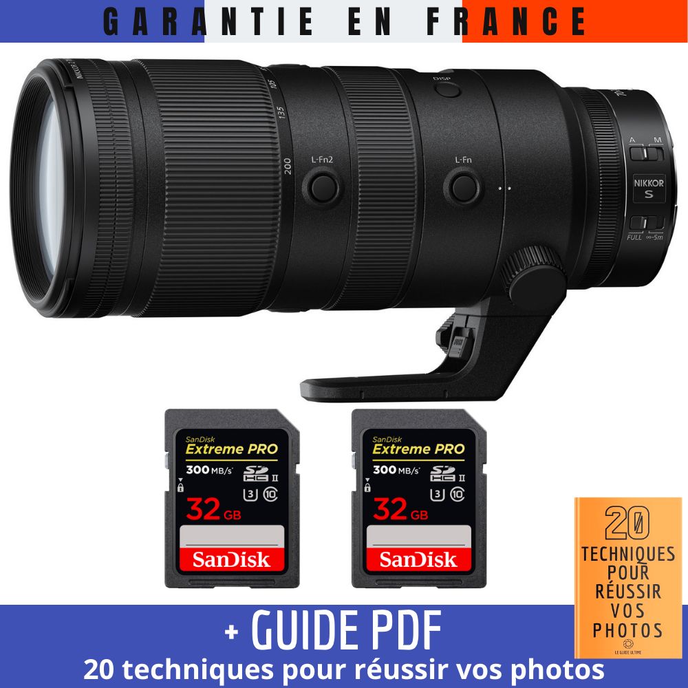 Nikon Z 70-200mm f/2.8 VR S Lens + 2 SanDisk 32GB UHS-II Cards (300MB/s) + '20 TECHNIQUES POUR RÉUSSIR VOS PHOTOS' Guide