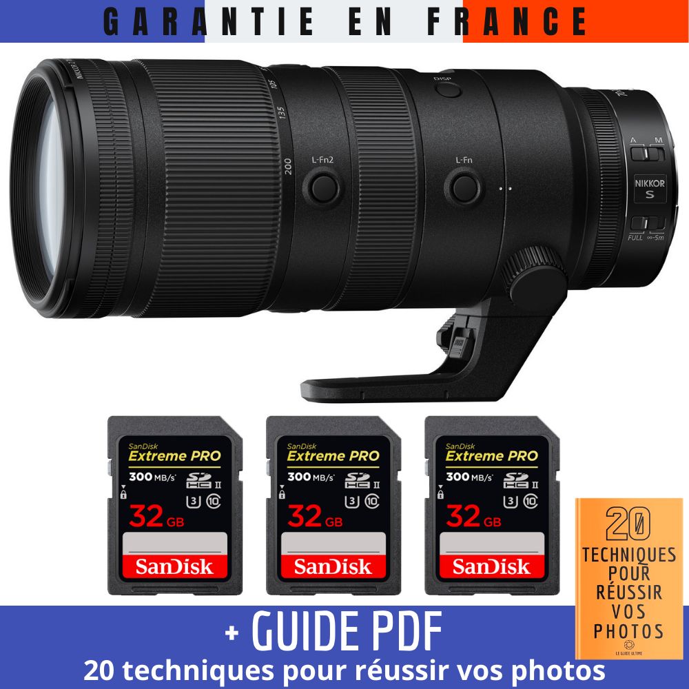 Nikon Z 70-200mm f/2.8 VR S Lens + 3 SanDisk 32GB UHS-II 300MB/s Cards + '20 TECHNIQUES POUR RÉUSSIR VOS PHOTOS' Guide