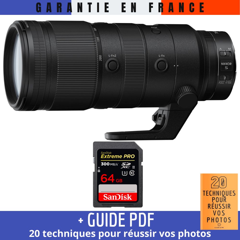 Nikon Z 70-200mm f/2.8 VR S Lens + 1 SanDisk 64GB UHS-II 300MB/s Card + '20 TECHNIQUES POUR RÉUSSIR VOS PHOTOS' Guide