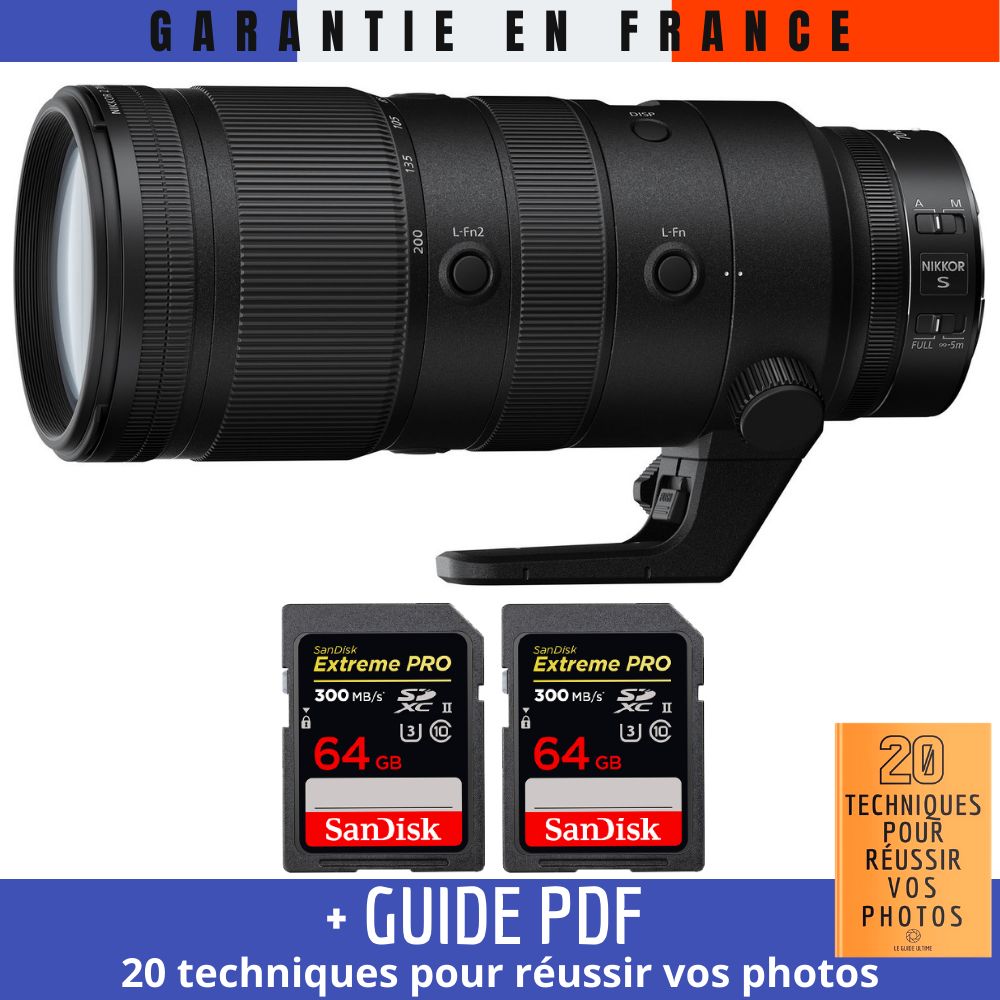 Nikon Z 70-200mm f/2.8 VR S Lens + 2 SanDisk 64GB UHS-II 300MB/s Cards + '20 TECHNIQUES POUR RÉUSSIR VOS PHOTOS' Guide