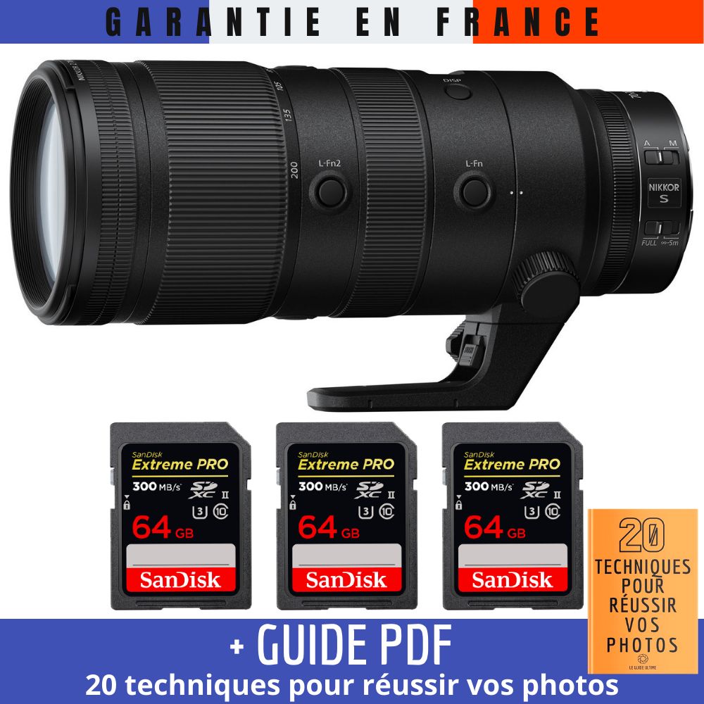 Nikon Z 70-200mm f/2.8 VR S Lens + 3 SanDisk 64GB UHS-II Cards + '20 TECHNIQUES POUR RÉUSSIR VOS PHOTOS' Guide