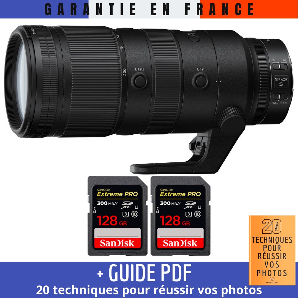 Nikon Z 70-200mm f/2.8 VR S Lens + 2 SanDisk 128GB UHS-II Cards + '20 TECHNIQUES POUR RÉUSSIR VOS PHOTOS' Guide