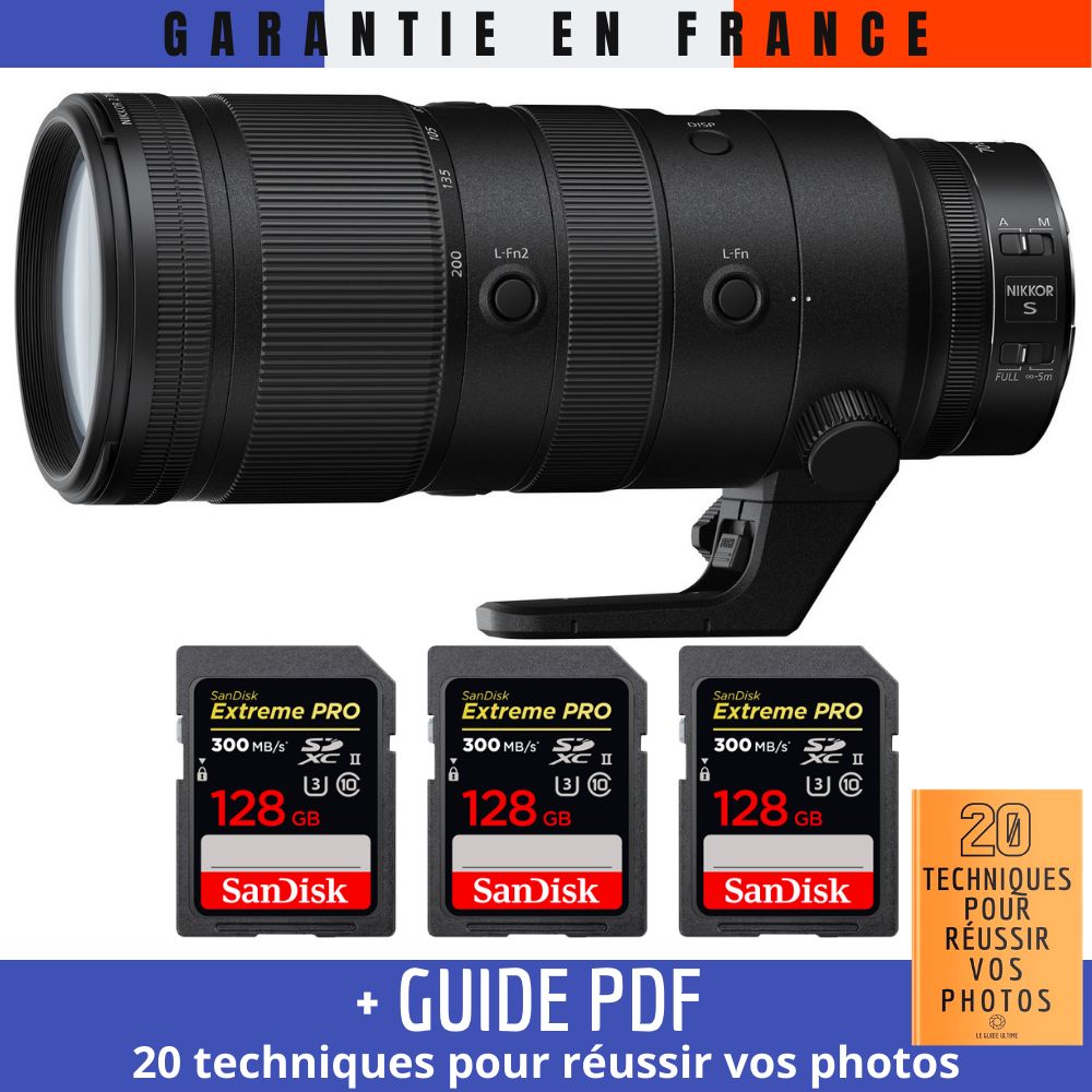 Nikon Z 70-200mm f/2.8 VR S Lens + 3 SanDisk 128GB UHS-II 300MB/s Cards + '20 TECHNIQUES POUR RÉUSSIR VOS PHOTOS' Guide