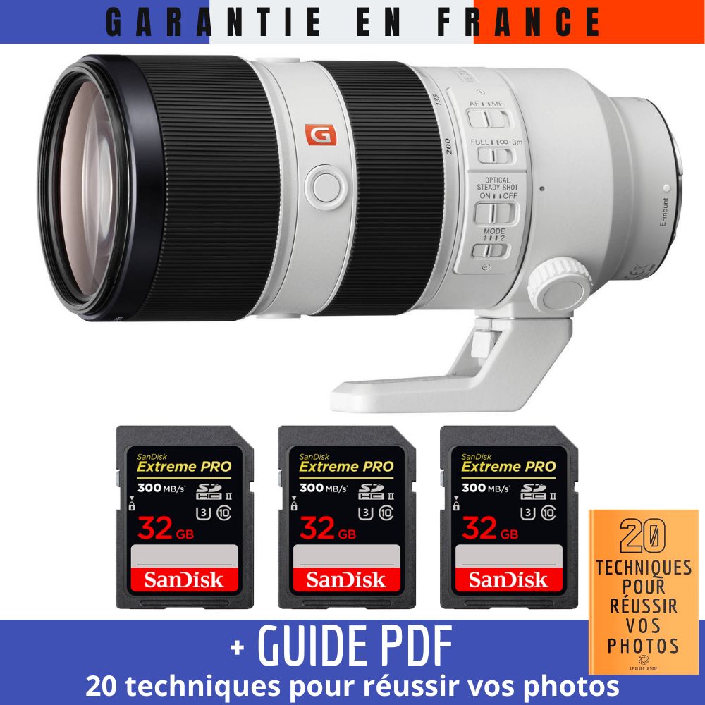 Sony FE 70-200mm f/2.8 GM OSS Lens + 3 SanDisk 32GB UHS-II 300MB/s Cards + '20 TECHNIQUES POUR RÉUSSIR VOS PHOTOS' Guide