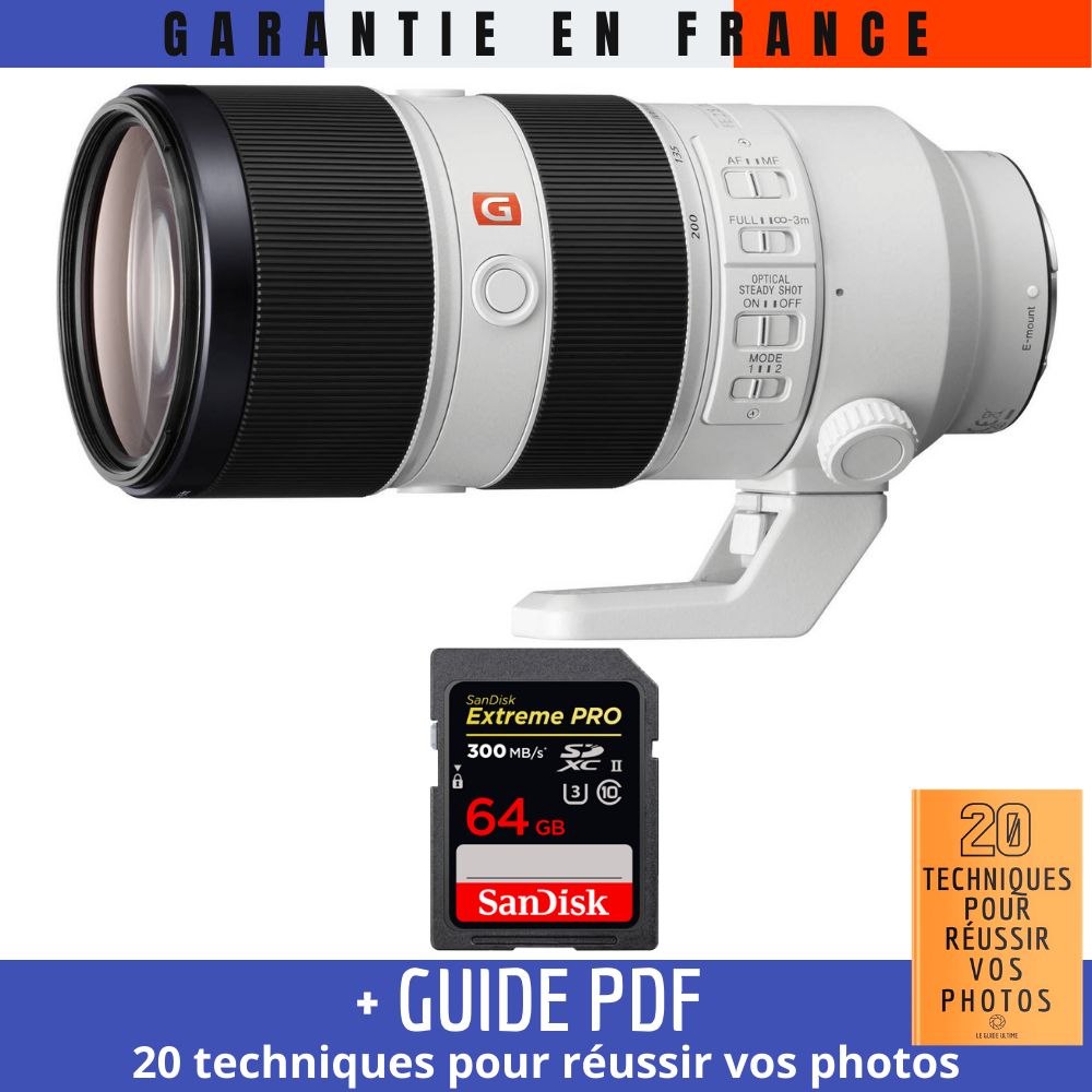 Sony FE 70-200mm f/2.8 GM OSS Lens + 64GB SanDisk UHS-II Card + '20 TECHNIQUES POUR RÉUSSIR VOS PHOTOS' Guide