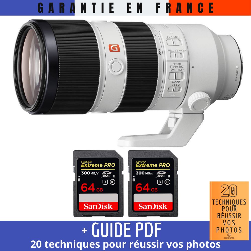 Sony FE 70-200mm f/2.8 GM OSS Lens + 2 SanDisk 64GB UHS-II 300MB/s Cards + PDF Guide: '20 TECHNIQUES POUR RÉUSSIR VOS PHOTOS'