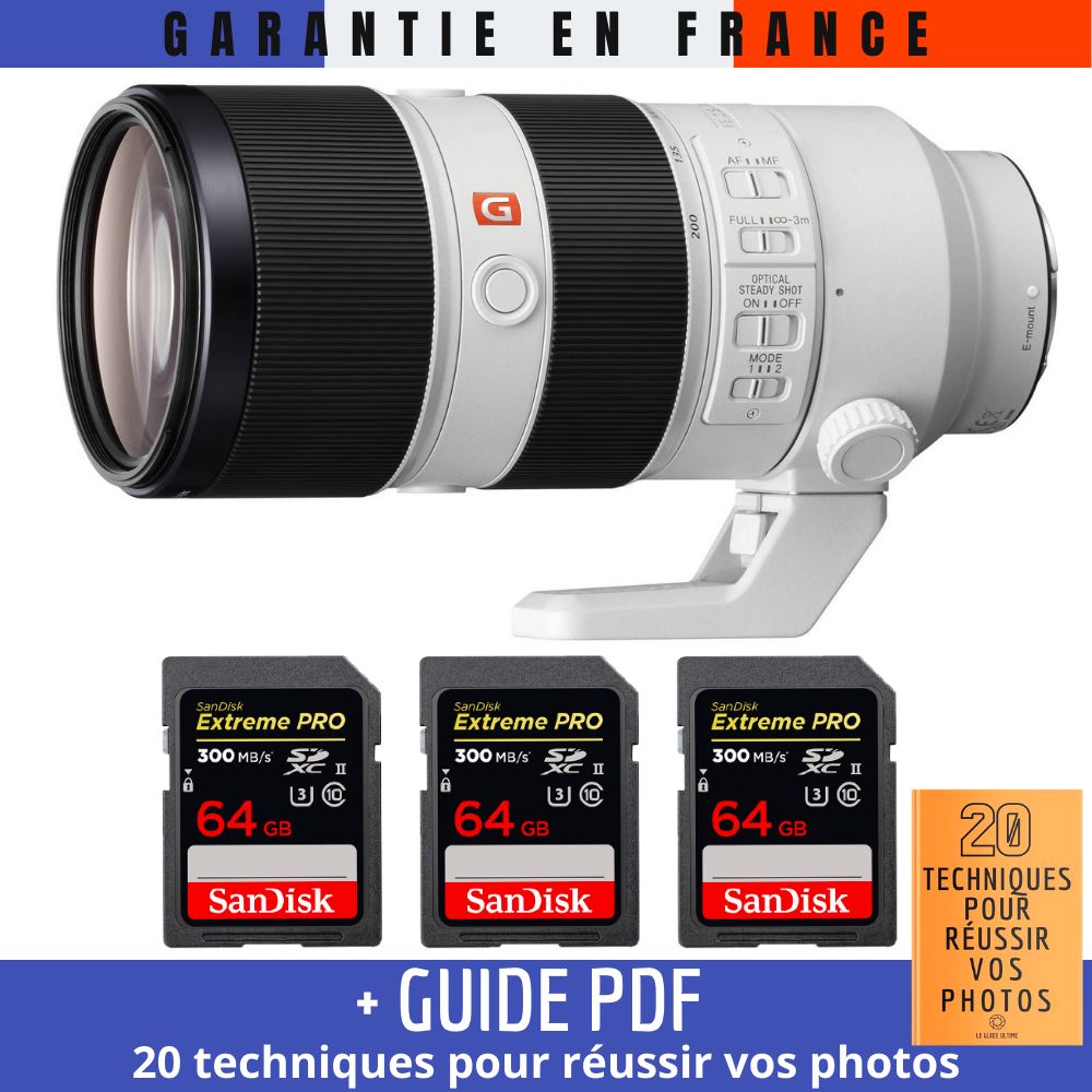 Sony FE 70-200mm f/2.8 GM OSS Lens + 3 SanDisk 64GB UHS-II 300MB/s Cards + '20 TECHNIQUES POUR RÉUSSIR VOS PHOTOS' Guide
