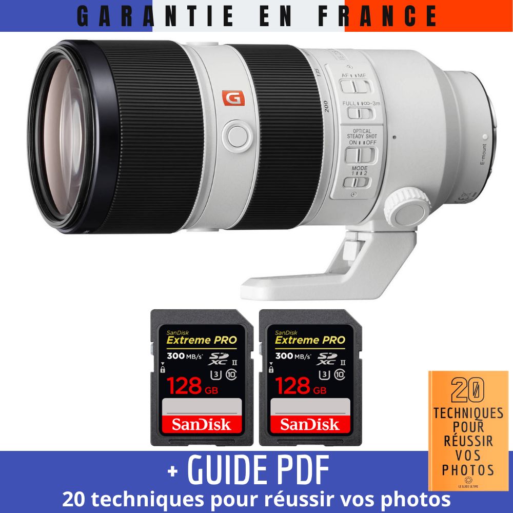Sony FE 70-200mm f/2.8 GM OSS Lens + 2 SanDisk 128GB UHS-II 300MB/s Cards + '20 TECHNIQUES POUR RÉUSSIR VOS PHOTOS' Guide