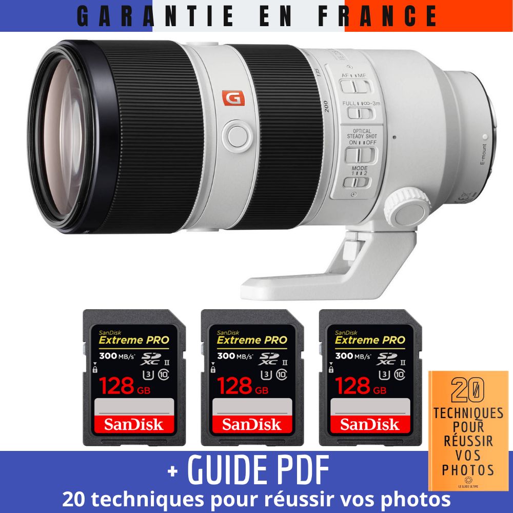Sony FE 70-200mm f/2.8 GM OSS Lens + 3 SanDisk 128GB UHS-II 300MB/s Cards + '20 TECHNIQUES POUR RÉUSSIR VOS PHOTOS' Guide