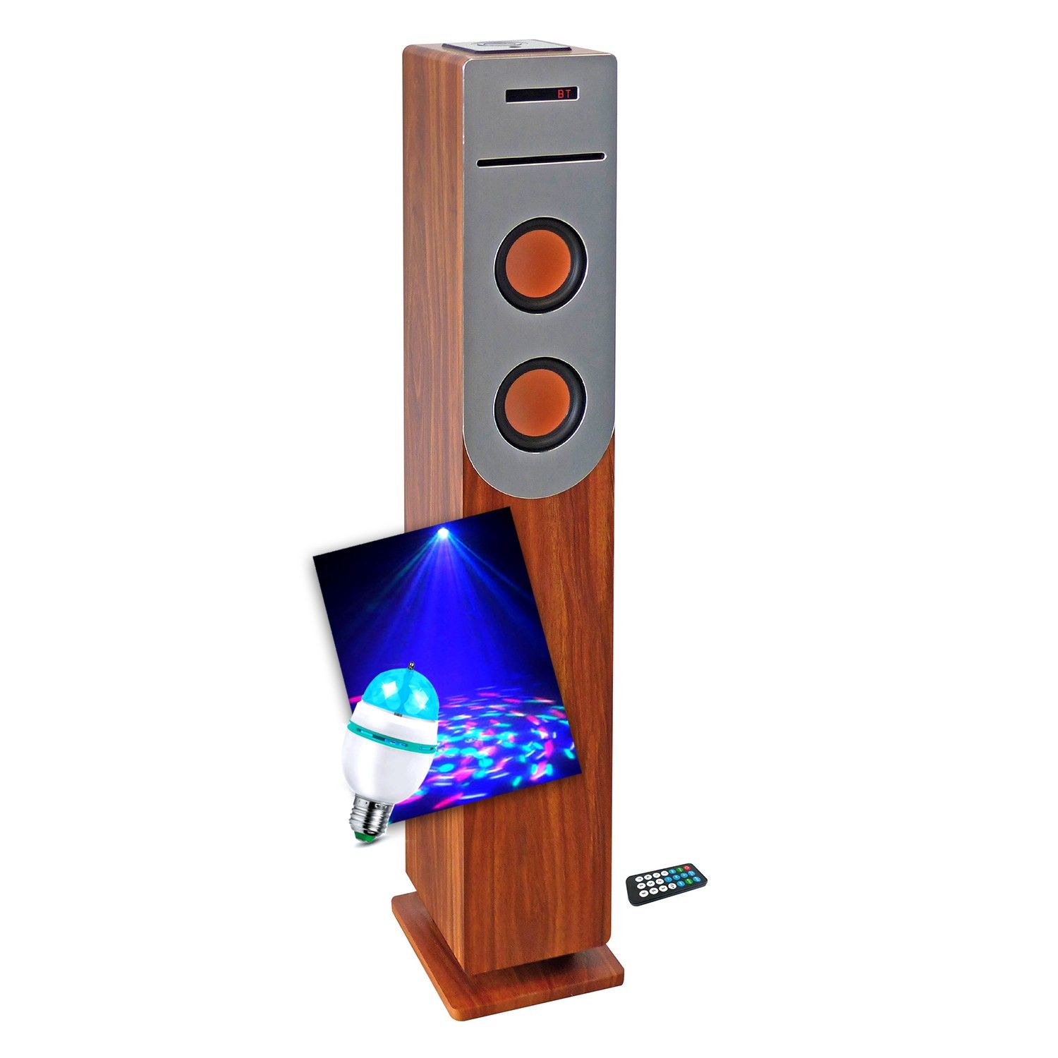 Inovalley WOODTOWER HP34-BTH-CD Wood Speaker Tower with CD Player, Bluetooth, FM, USB, 100W, Remote Control, DIAMS LED Bulb