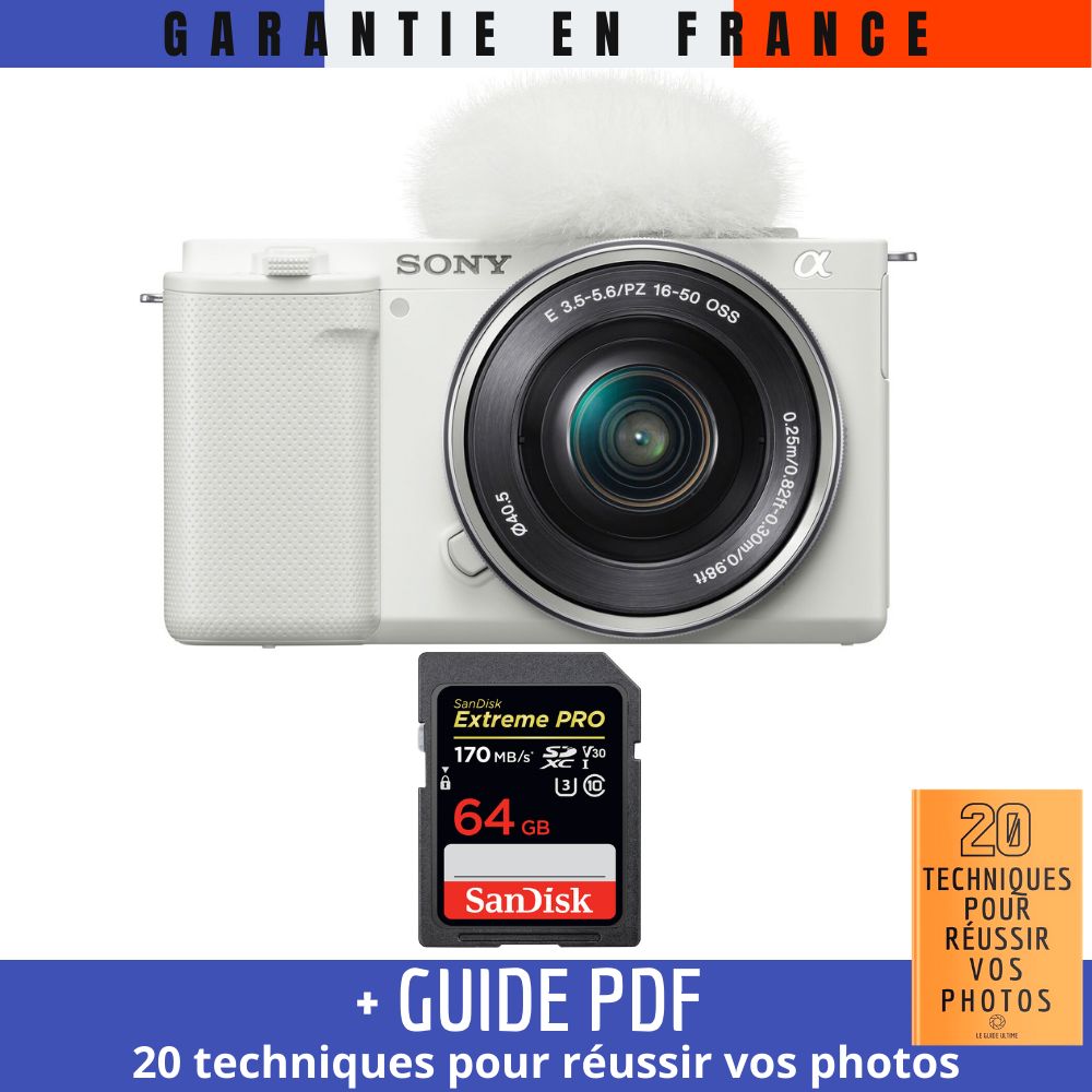 Sony ZV-E10 + 16-50mm Lens White + 1 SanDisk 64GB Extreme PRO UHS-I SDXC Card (170MB/s) + Guide PDF '20 TECHNIQUES FOR SUCCESSFUL PHOTOS'